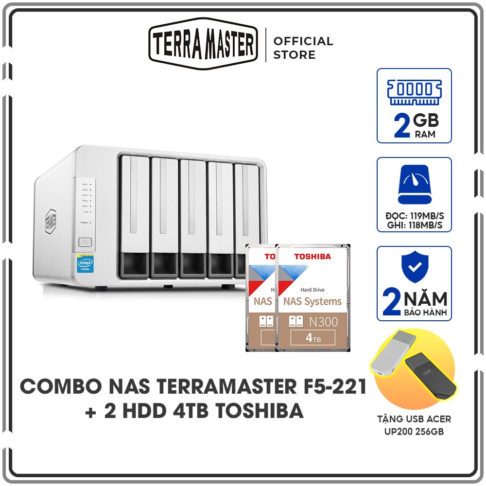 Combo Ổ cứng mạng NAS Terra Master F5-221 + 2 Ổ cứng iHDD Toshiba N300 4TB - Hàng chính hãng