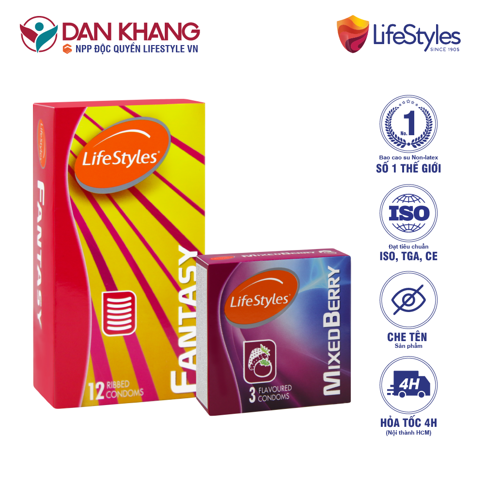 Combo 1 Hộp Bao Cao Su LifeStyles Fantasy 12 bao + 1 Hộp Bao Cao Su LifeStyles Mixed Berry 3 bao