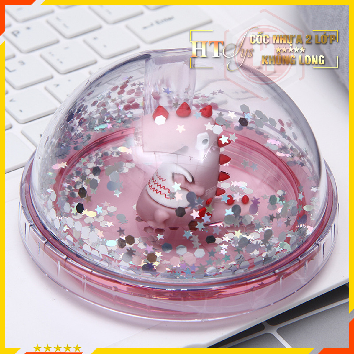 Cốc uống nước Khủng Long Cute 3D-HT SYS-430ml-Ly uống nước có nắp đậy và ống hút-Giao màu ngẫu nhiên