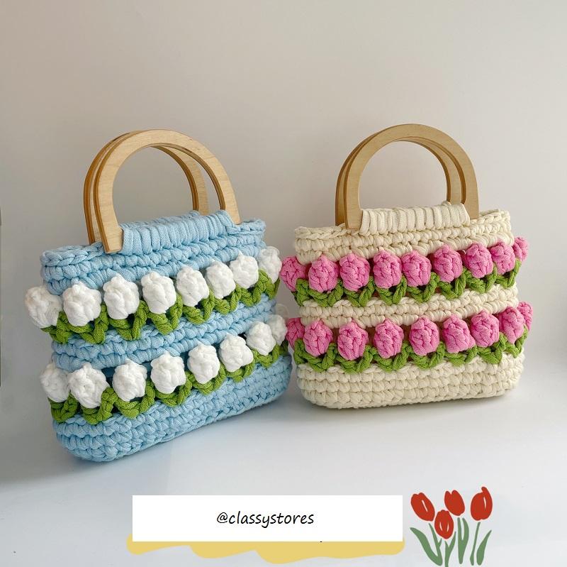 Túi xách hoa tulip dệt tay sợ bông, chất liệu thân thiện môi trường, nhiều màu T1239