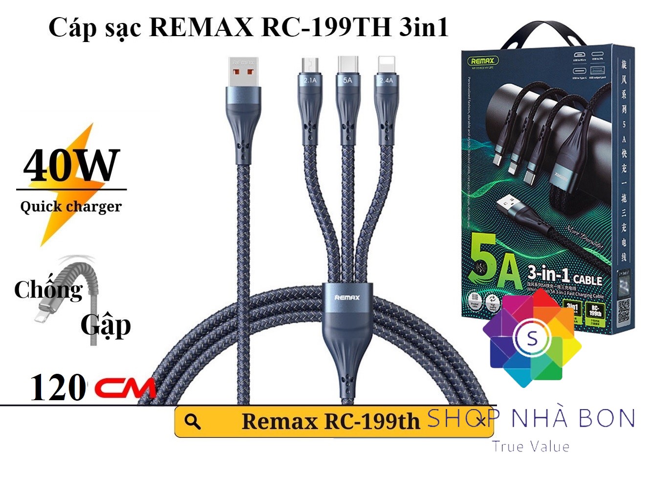 Cáp sạc nhanh đa năng 3in1 Remax RC-199th 3 đầu Type C / LN cho Táo / Micro USB 6A max 66W - dây dài 1.2m - hàng chính hãng