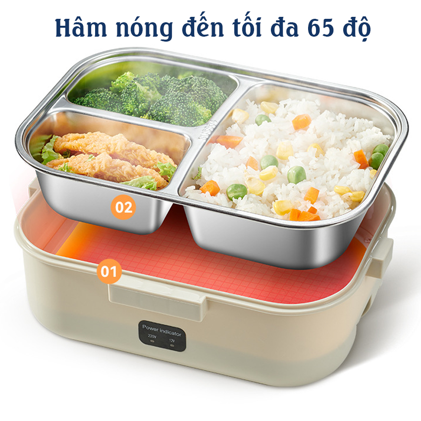 Hình ảnh Hộp cơm cắm điện cao cấp chất liệu inox 304 chia 3 ngăn dung tích 1.1L hâm nóng nhanh bảo hành 3 tháng