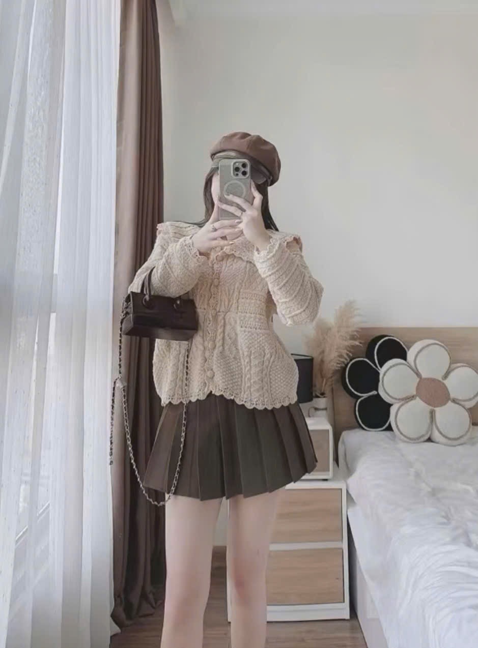 Áo khoác len kiểu dệt kim cổ bẻ tiểu thư