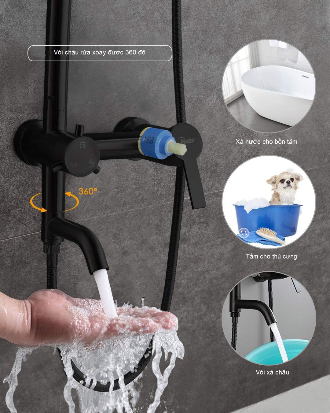 Bộ cây sen tắm nóng lạnh, thép không gỉ màu đen, kiểu tròn, 3 trong 1