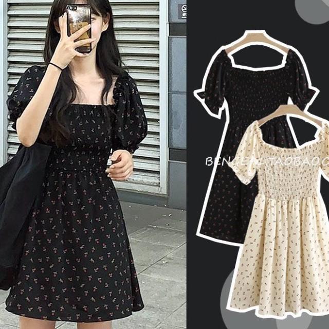 Váy hoa nhí xòe cổ vuông trễ vai ngắn tay chun ngực ulzzang