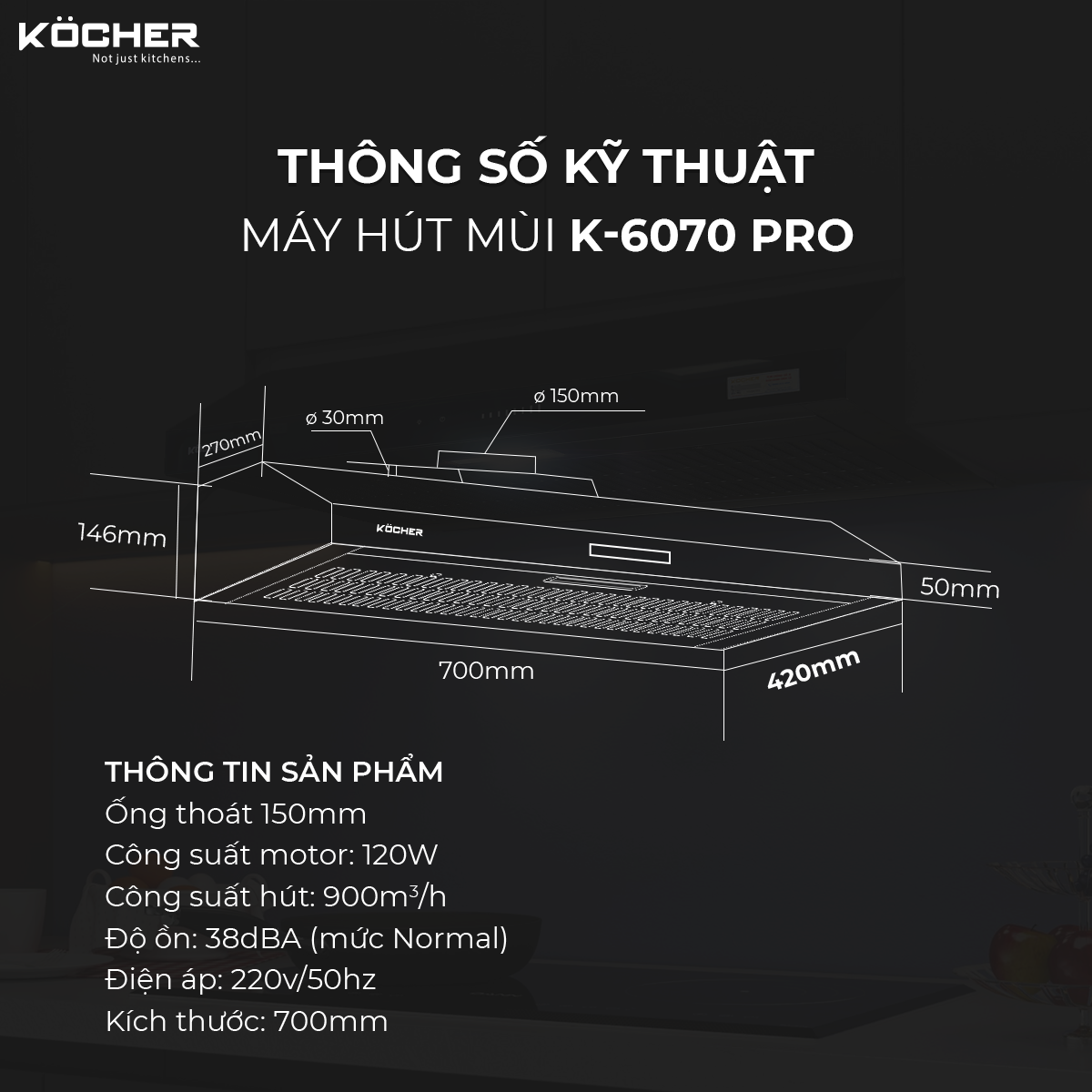 Máy Hút Mùi Kocher K-6070 PRO - Hàng Chính Hãng