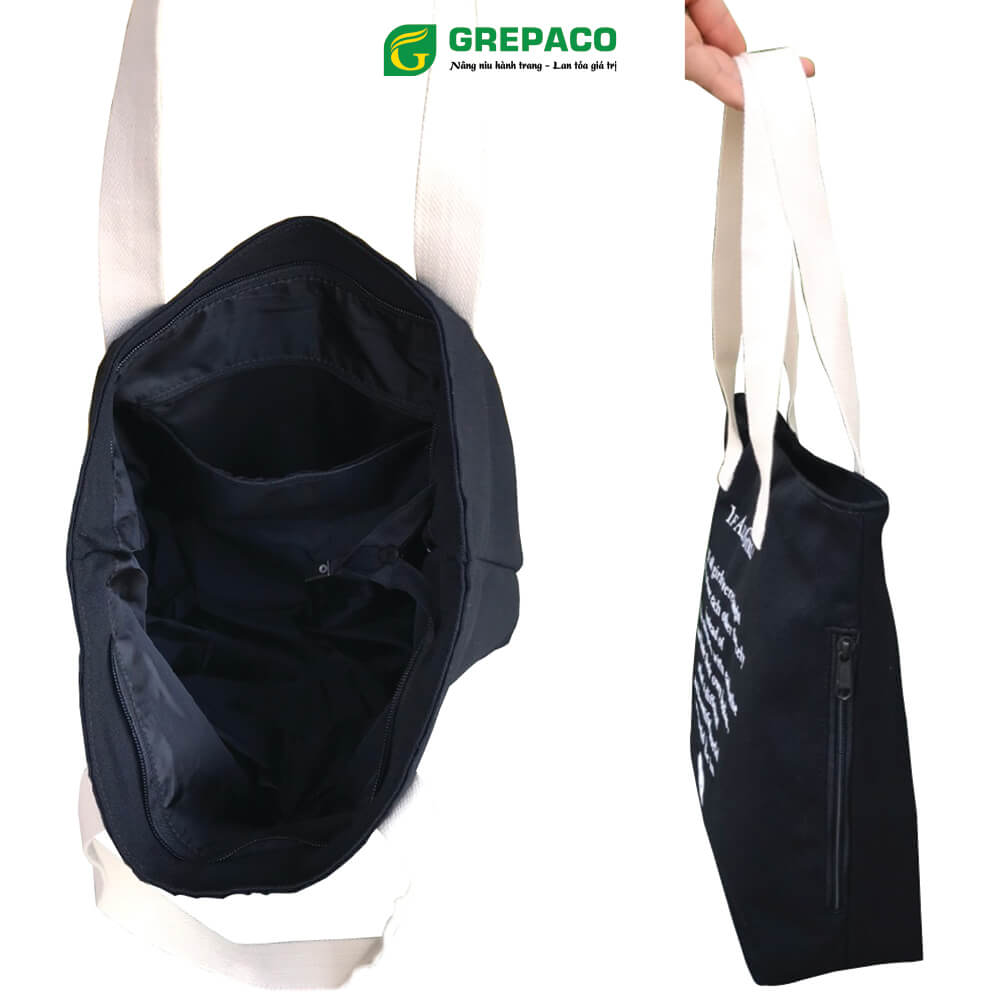 Túi Tote Nữ Grepaco Xách Vải Bố Canvas Cao Cấp In Chữ Đẹp Đeo Chéo Vai Có Khóa Kéo Nhiều Ngăn Dùng Đi Học, Làm Công Sở, Du Lịch Phong Cách Thời Trang Hàn Quốc - Tặng Túi Đựng Mỹ Phẩm