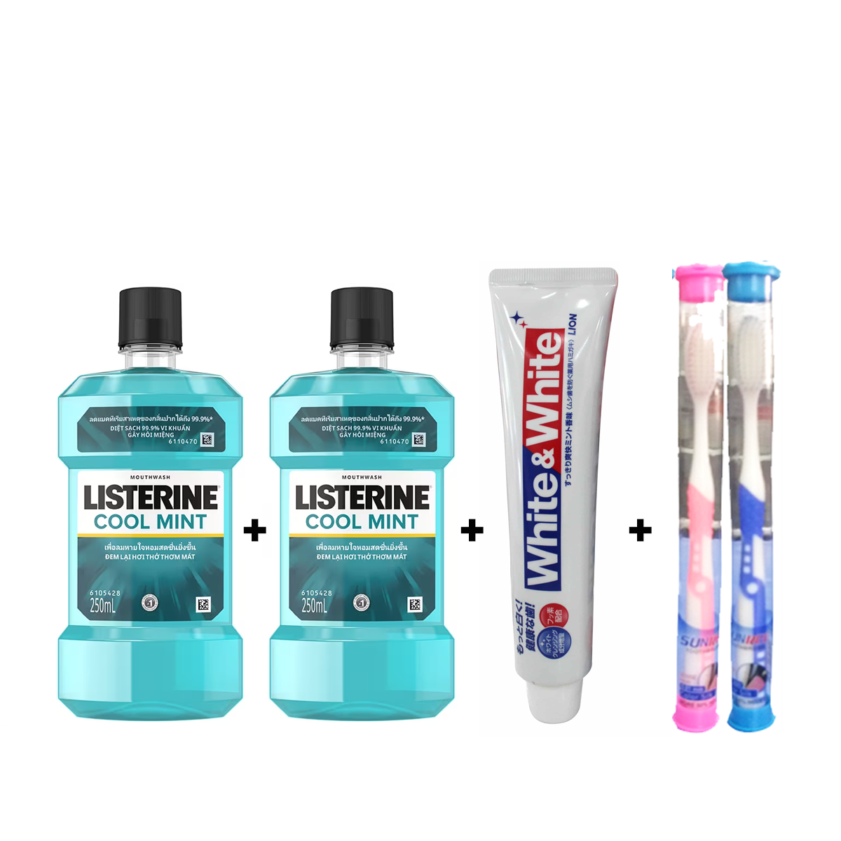 Combo 2 chai LISTERINE 250ml và kem đánh trắng răng White & White 150g và 2 bàn chải Sunree