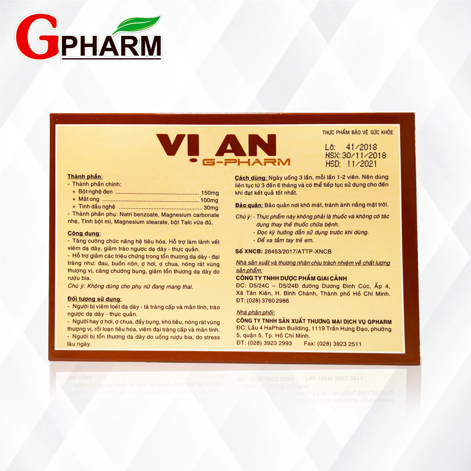 Thực phẩm bảo vệ sức khỏe VỊ AN G-PHARM 60 viên Giúp giảm đau dạ dày/ tá tráng