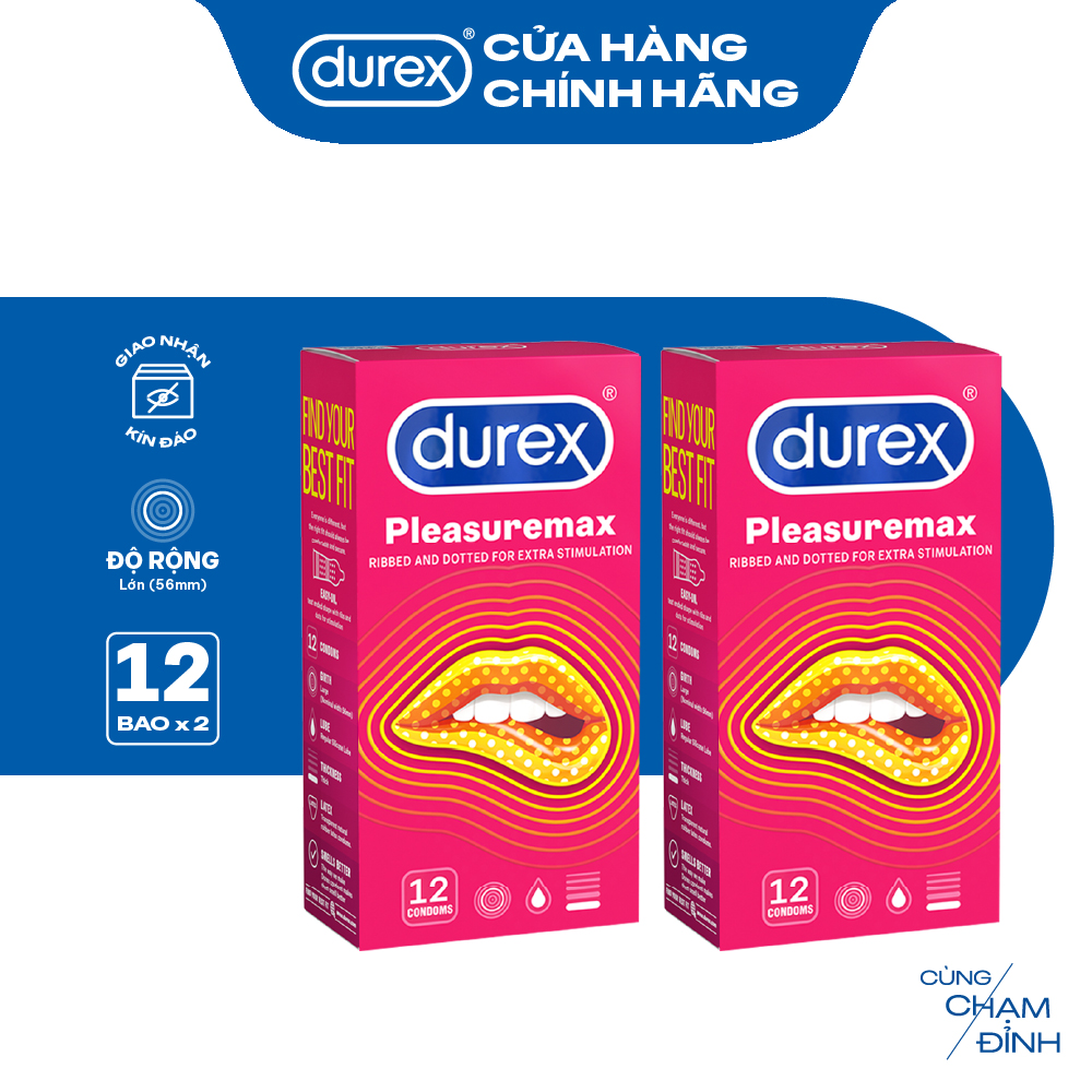 Bộ 2 hộp bao cao su Durex Pleasuremax gân gai, size 56mm, 12 bao/hộp
