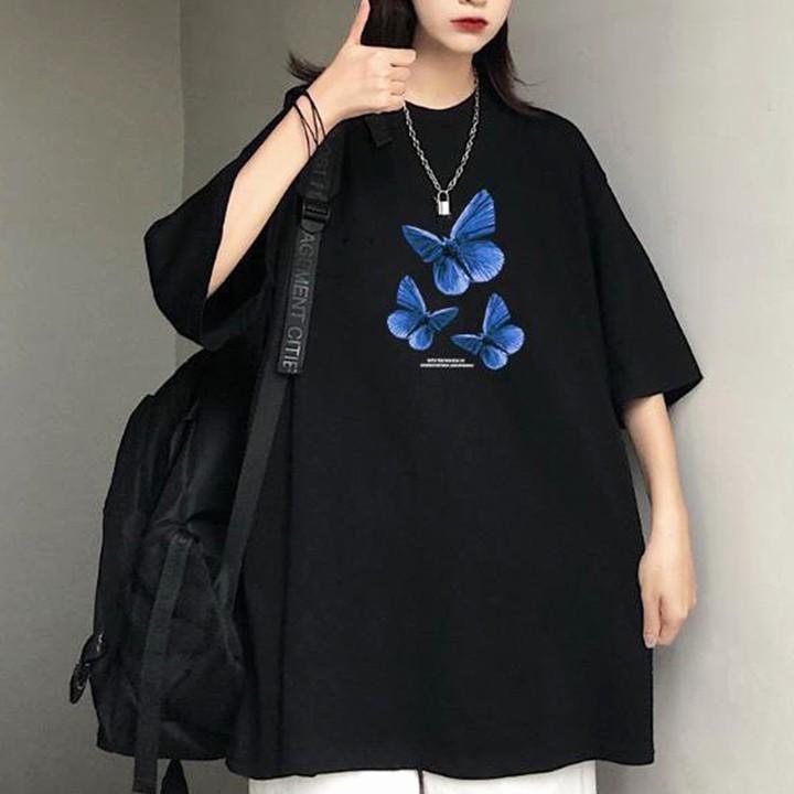 Áo Thun Nữ Unisex Tay Lỡ Màu Đen Hình Con Bướm Xanh ATN6149