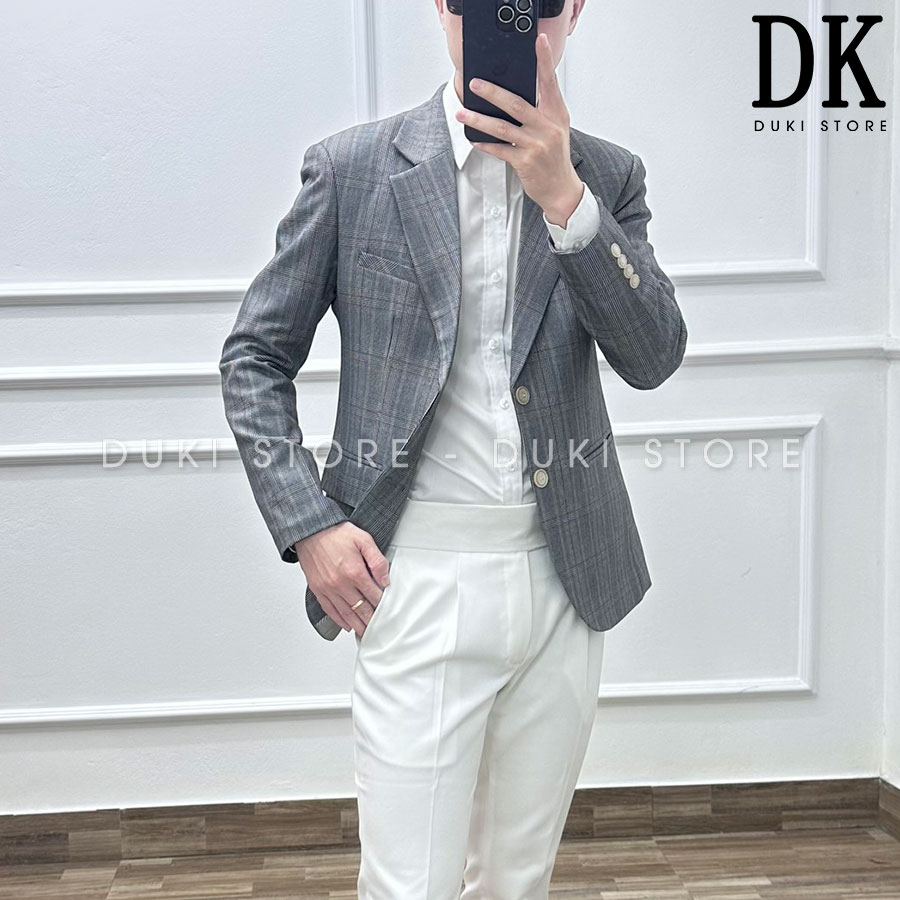 Áo vest nam, áo blazer nam 2 cúc Hàn Quốc kẻ caro màu xám thanh lịch ADK0009 - DUKI STORE