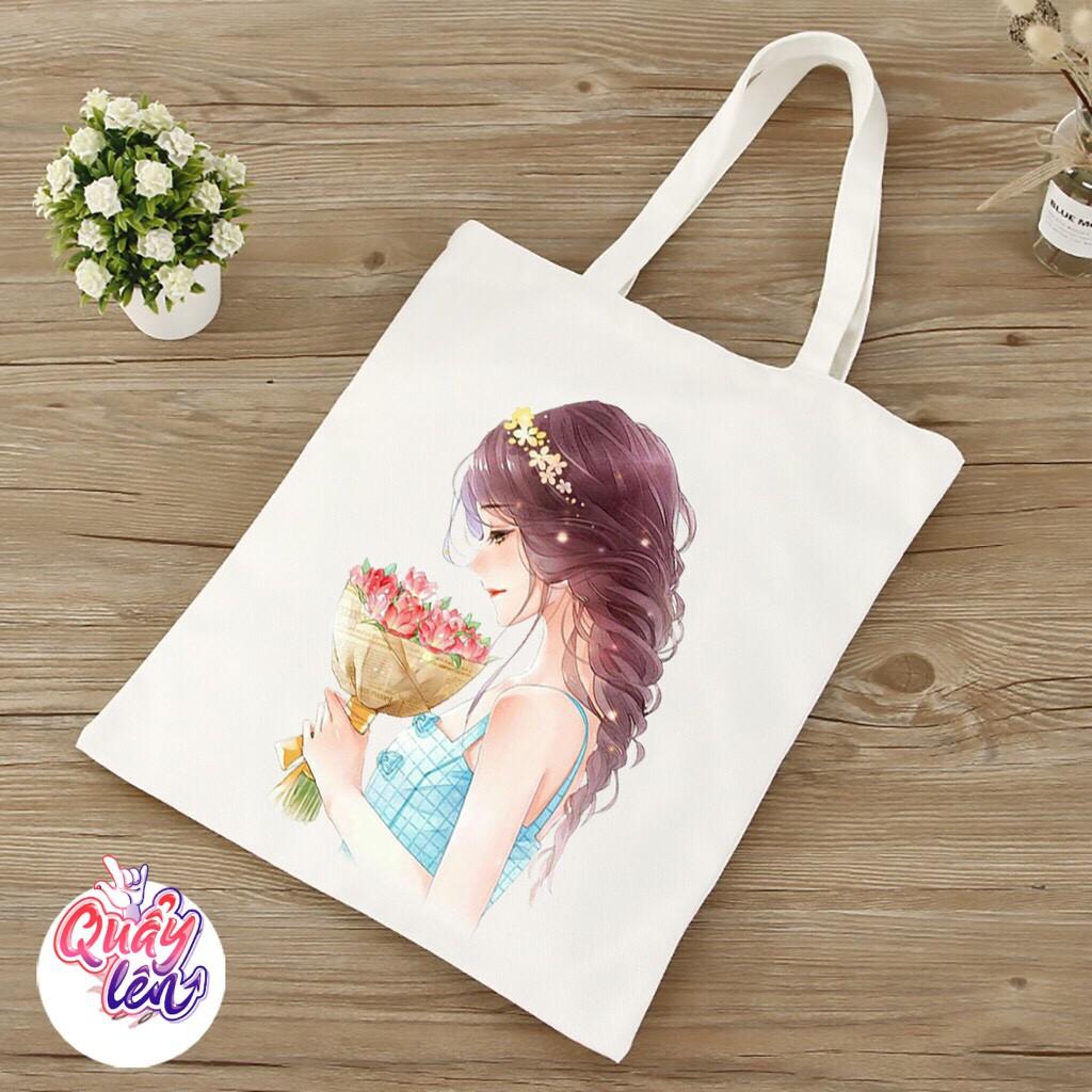 Túi tote vải canvas họa tiết cô gái dễ thương có khóa miệng