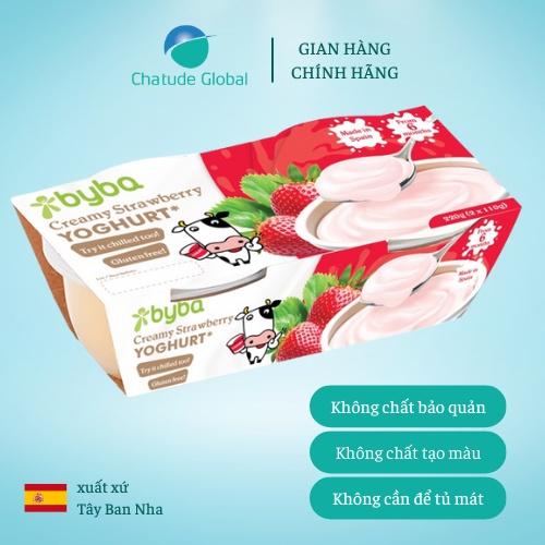 Sữa chua nguội Byba VỊ DÂU xuất xứ Tây Ban Nha cho bé 6m+, 2 cốc110g/lốc