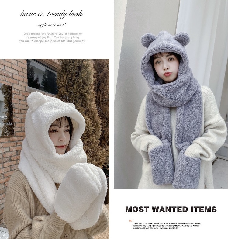 Mũ khăn quàng cổ mũ lông gấu có găng tay thời trang siêu dễ thương giữ ấm dành cho nữ