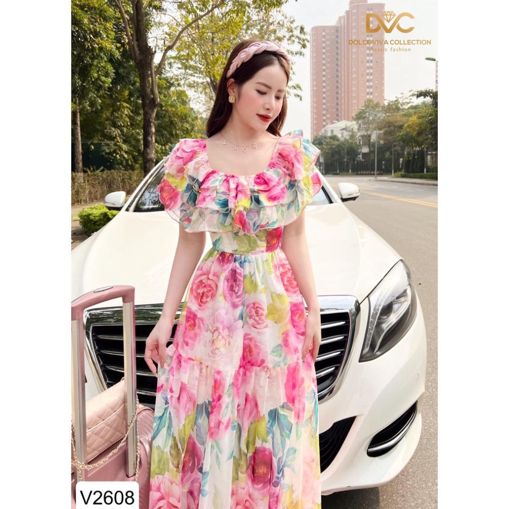 VÁY HOA MAXI TRỄ VAI V2608 Đẹp Shop DVC - (Kèm vieo và ảnh trải sàn)