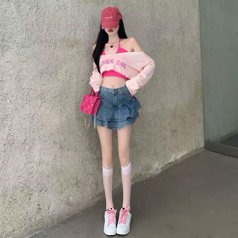 Set áo len dài tay gồm áo khoác mỏng GIRL mix áo 2 dây chất len dệt kim QC