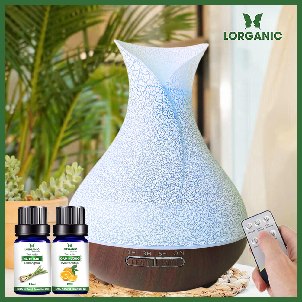 Combo máy khuếch tán/ máy xông tinh dầu bình hoa + tinh dầu sả chanh + tinh dầu cam Lorganic