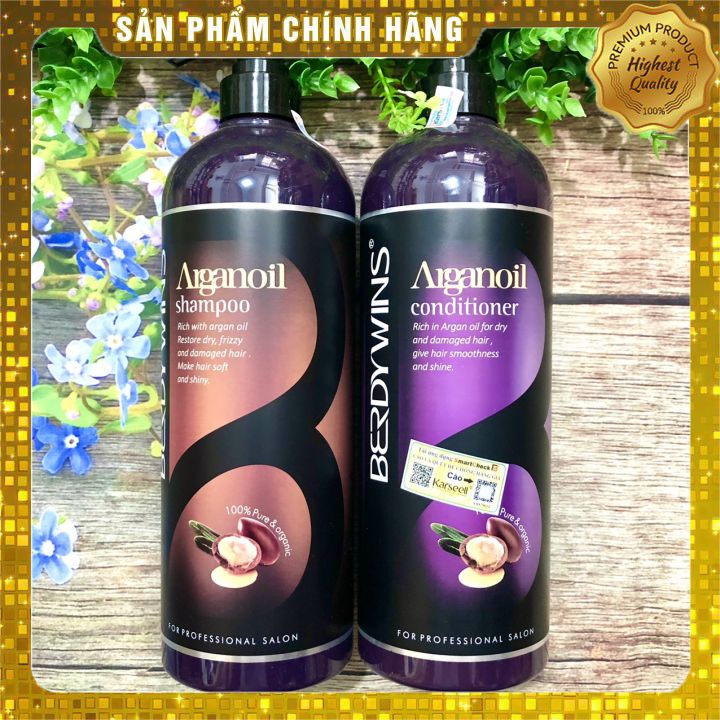 [+Tặng mũ trùm] Bộ dầu gội xả BERDYWINS Argan Oil siêu mượt phục hồi tóc hư tổn 1000ML*2 (New)