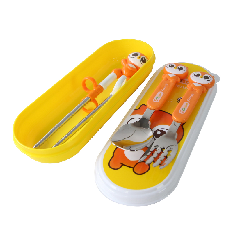 Set tập ăn 3 món inox hình cú mèo có hộp đựng cho bé từ 3 tuổi chính hãng Edison - Hàn Quốc