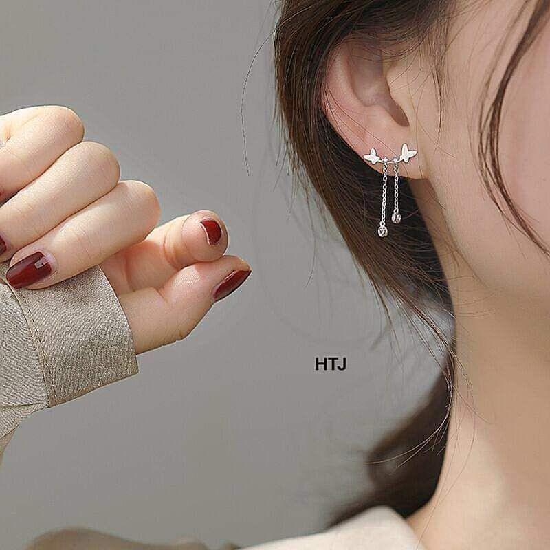 Bông tai bạc nữ- Bông tai bạc hình bướm treo trẻ trung, cá tính