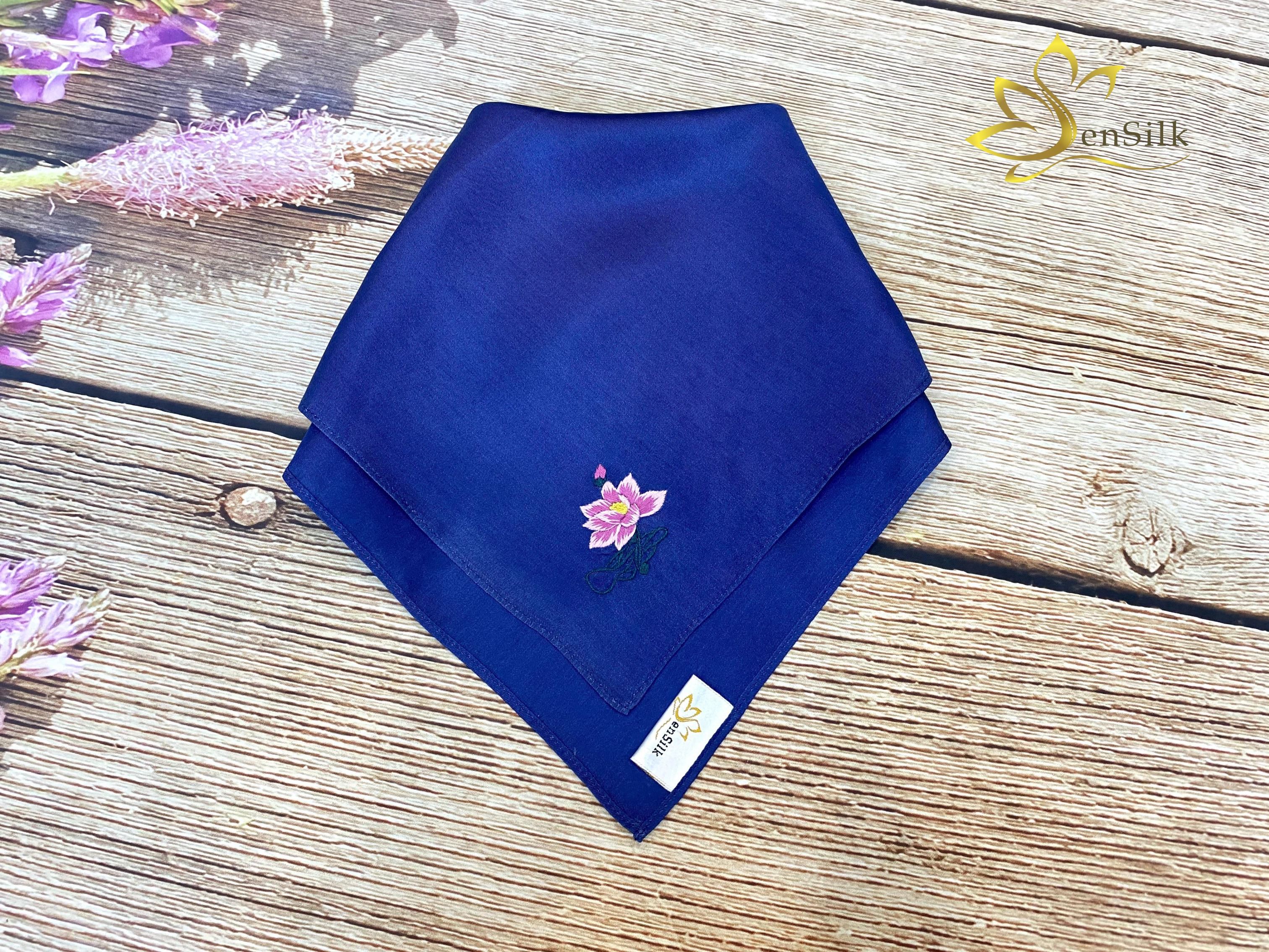 Khăn Tay Thêu Sen Silk 100% Lụa Tơ Tằm Thuần Việt - Silk Handkerchief Hand Embroidery - Pocket Square Silk Handmade - Quà Tặng Đối Tác