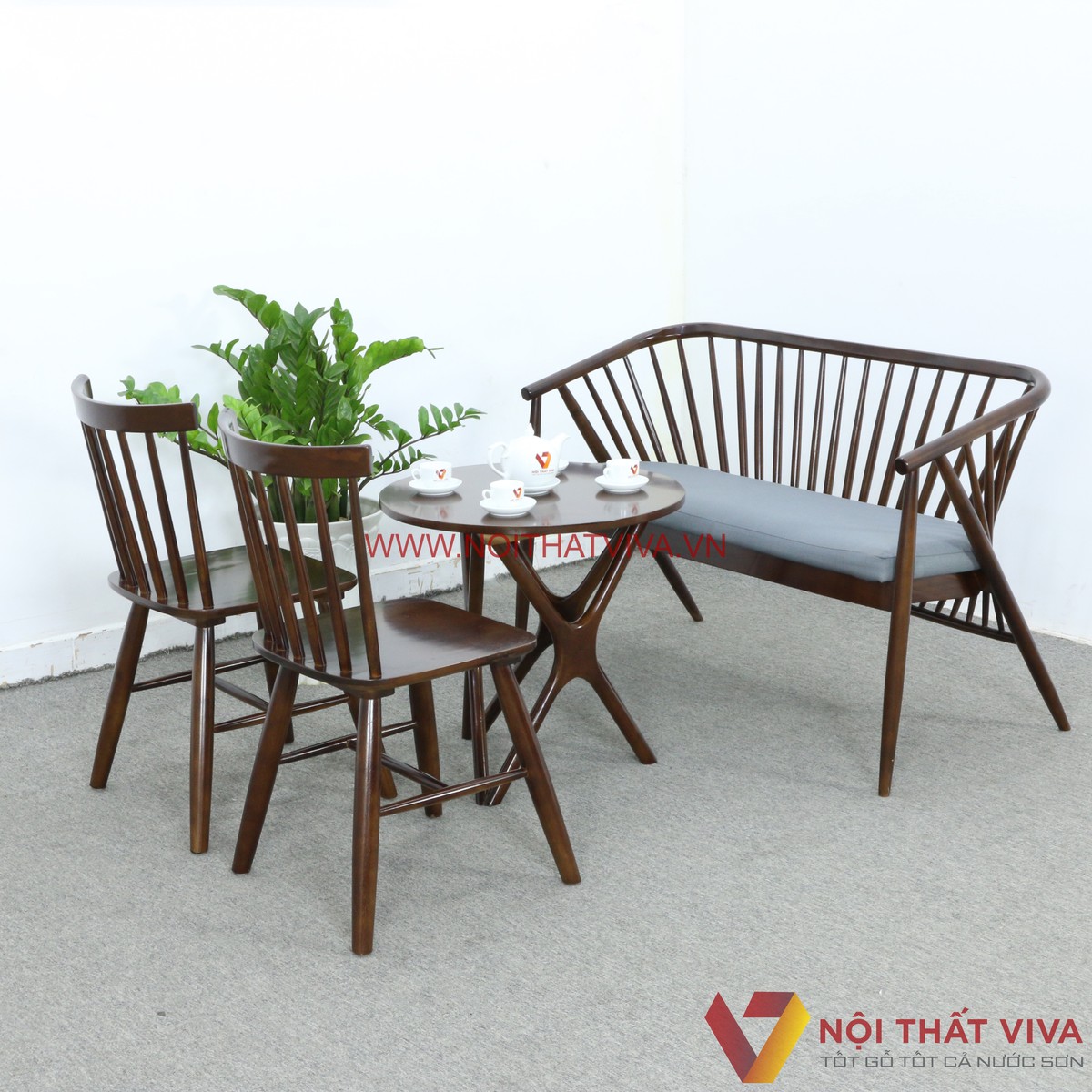 Bộ Bàn Trà Đơn Giản Ghế Nan Bọc Vải Gỗ Cao Su Màu Óc Chó Đẹp Sang Trọng