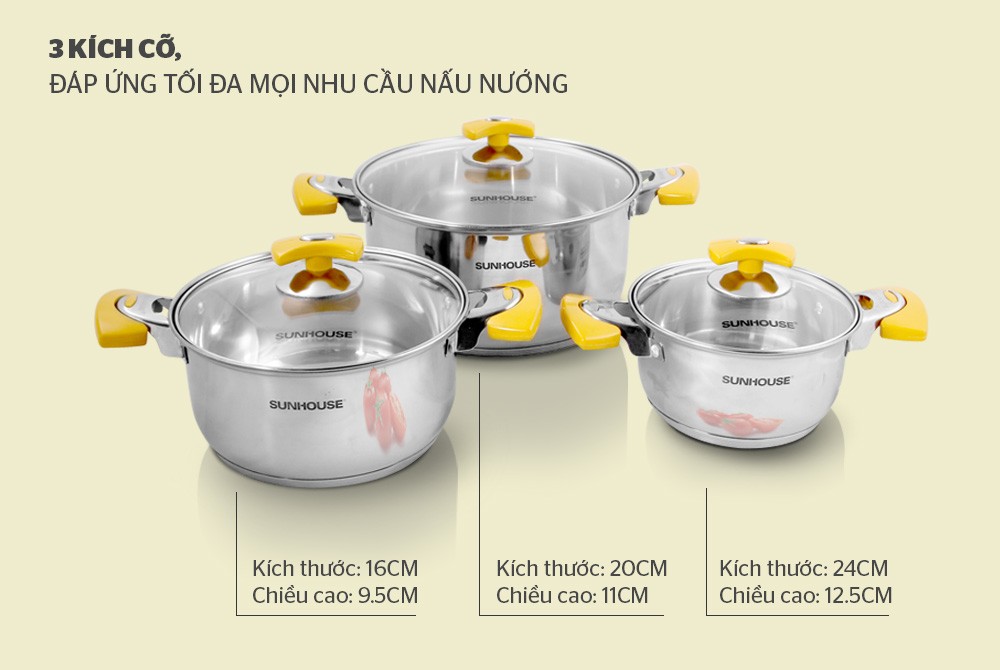 Bộ Nồi Inox 5 Đáy Sunhouse SH787 - Hàng chính hãng