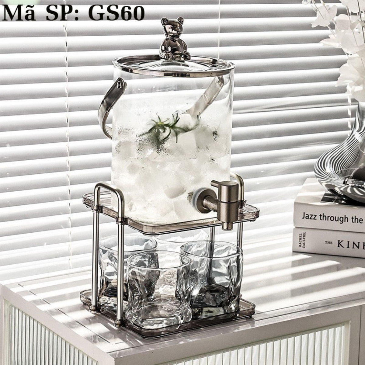 Bộ bình nước thủy tinh dung tích 3000ml, Bộ ly thủy tinh Borosilicate, Hình gấu màu bạc, có giá đỡ màu bạc sang trọng