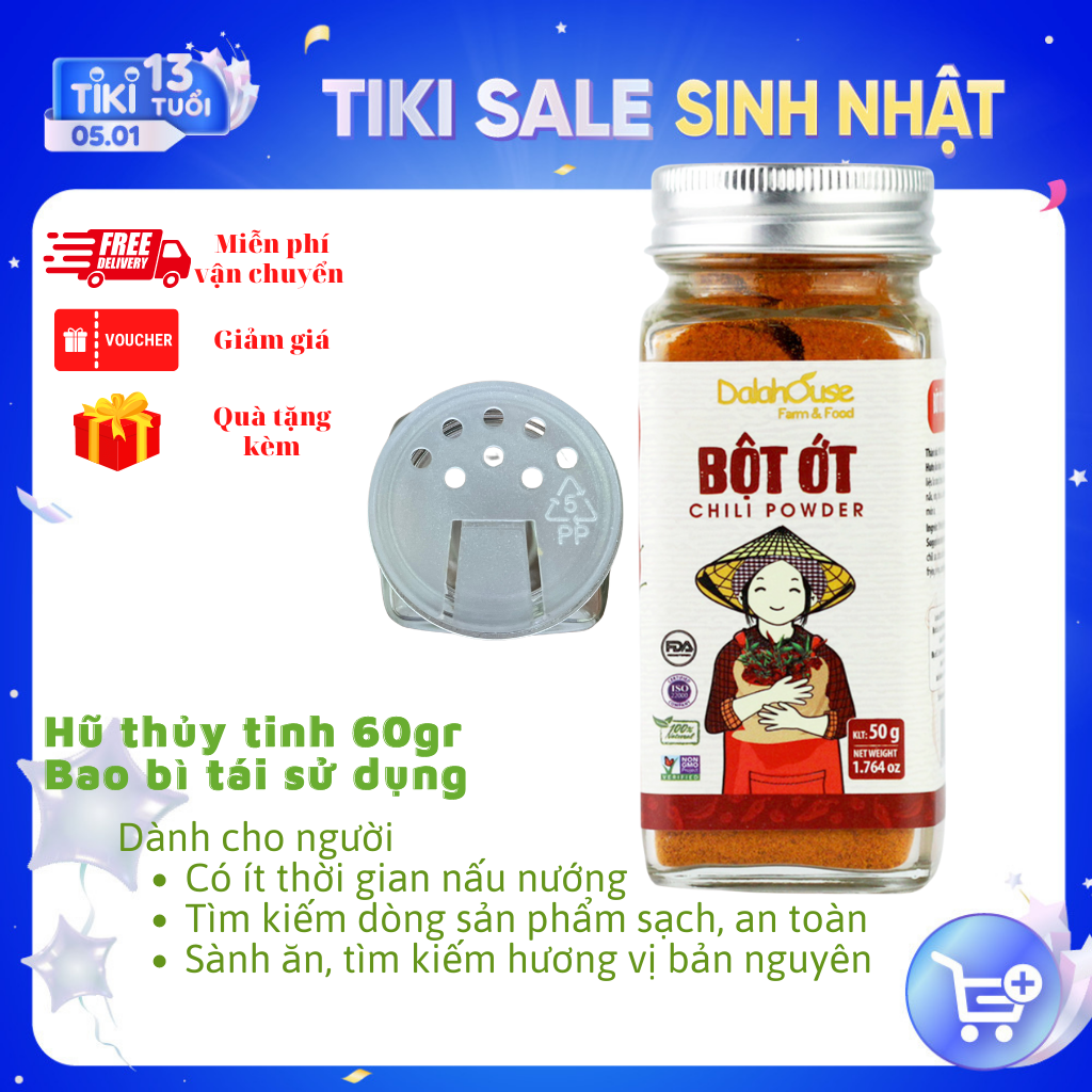 Ớt bột hữu cơ sấy lạnh Dalahouse 50gr - Nguyên màu, nguyên mùi, nguyên vị, Tiện dụng