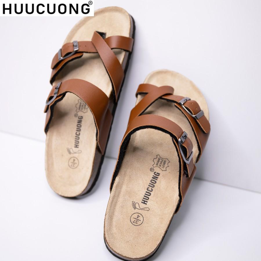 Dép unisex HuuCuong xỏ ngón pu nâu đế trấu handmade