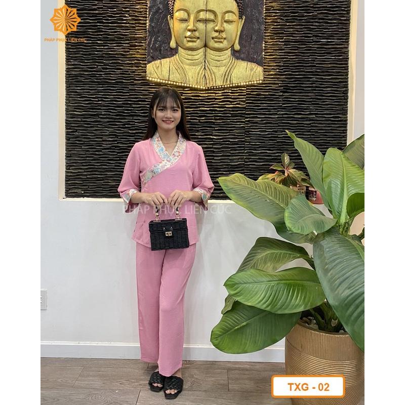 Đồ lam đi chùa nữ - Pháp phục mẫu tim xéo phối gấm, bền màu không nhăn xưởng may Liên Cúc