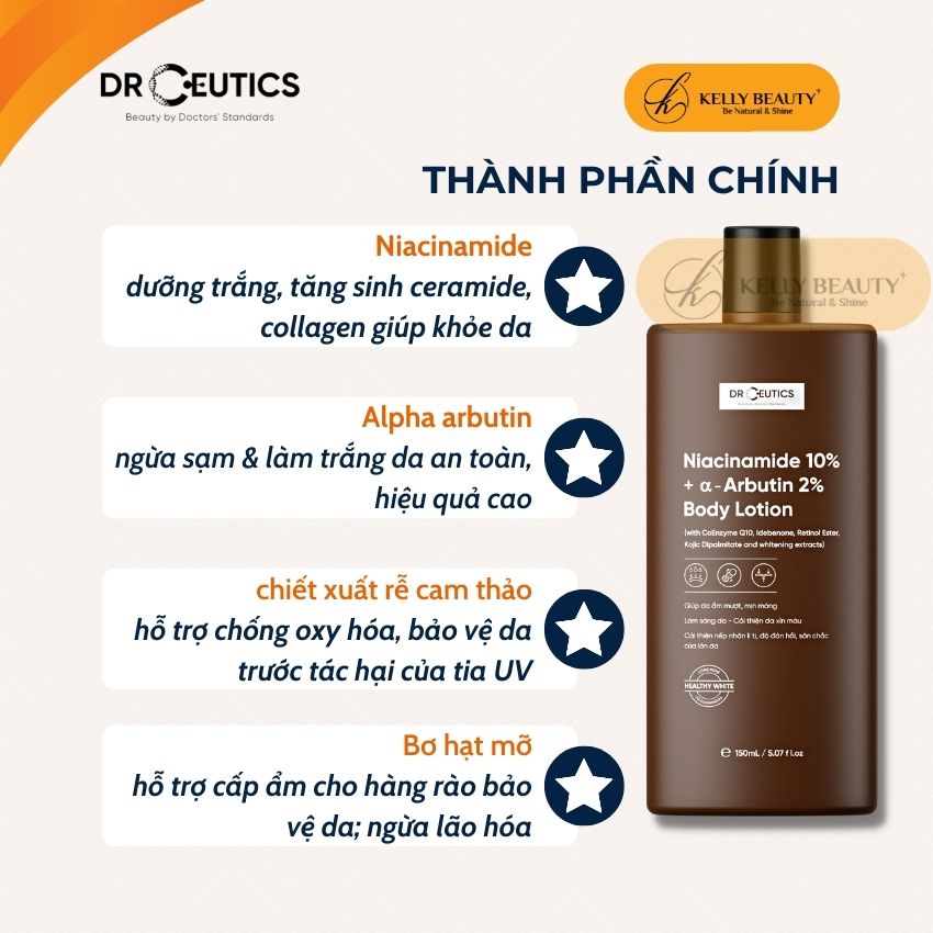 Sữa Dưỡng Thể Trắng Da DrCeutics - Dưỡng Ẩm, Nâng Tông, Chống Lão Hóa Da - Niacinamide 10% + α–Arbutin 2% | Kelly Beauty