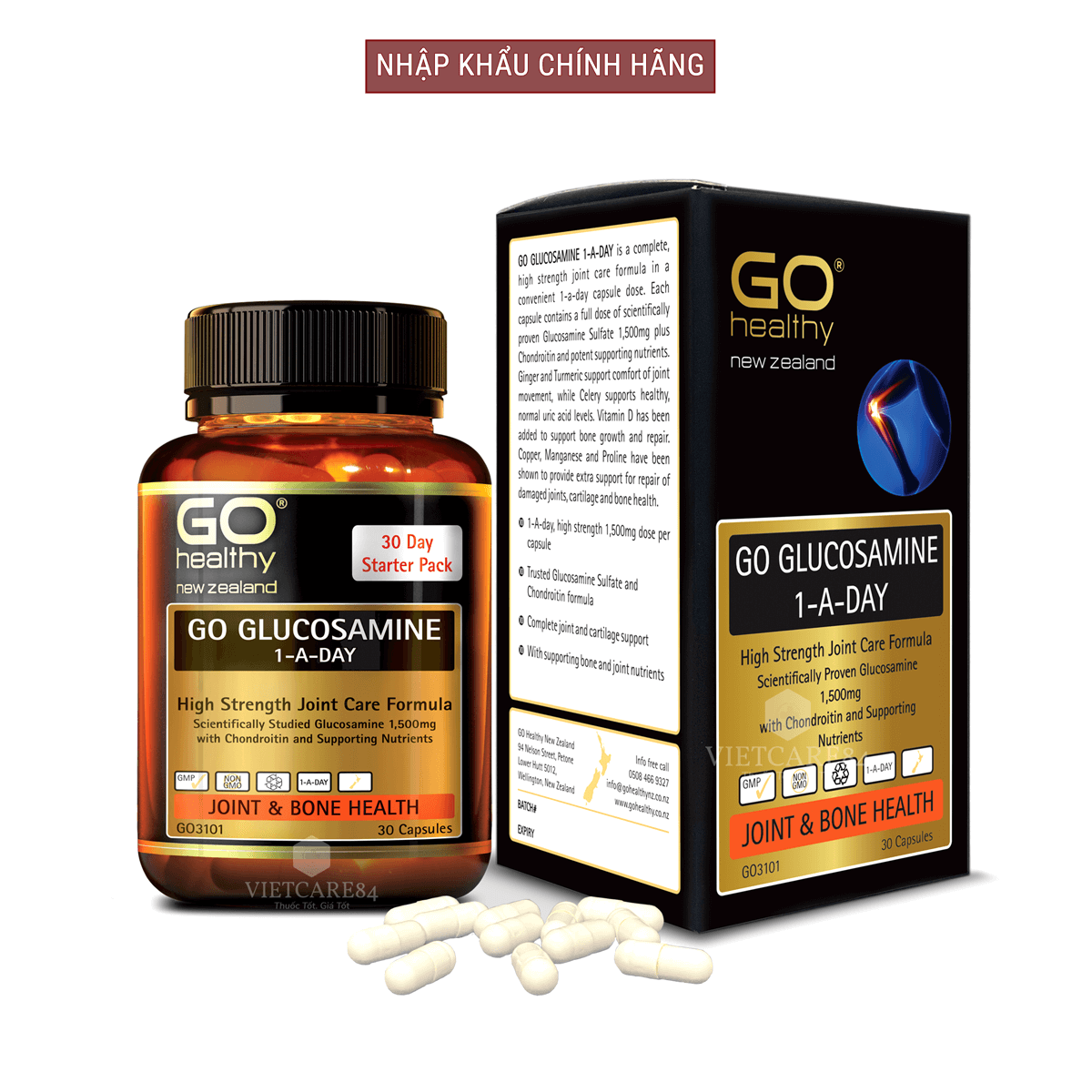 Bộ sản phẩm giúp hạn chế tổn thương xương sụn khớp cho người bị gut: Viên gout New Zealand GO CELERY 16000mg và viên uống bổ xương khớp New Zealand GO GLUCOSAMINE 1-A-DAY 1500mg