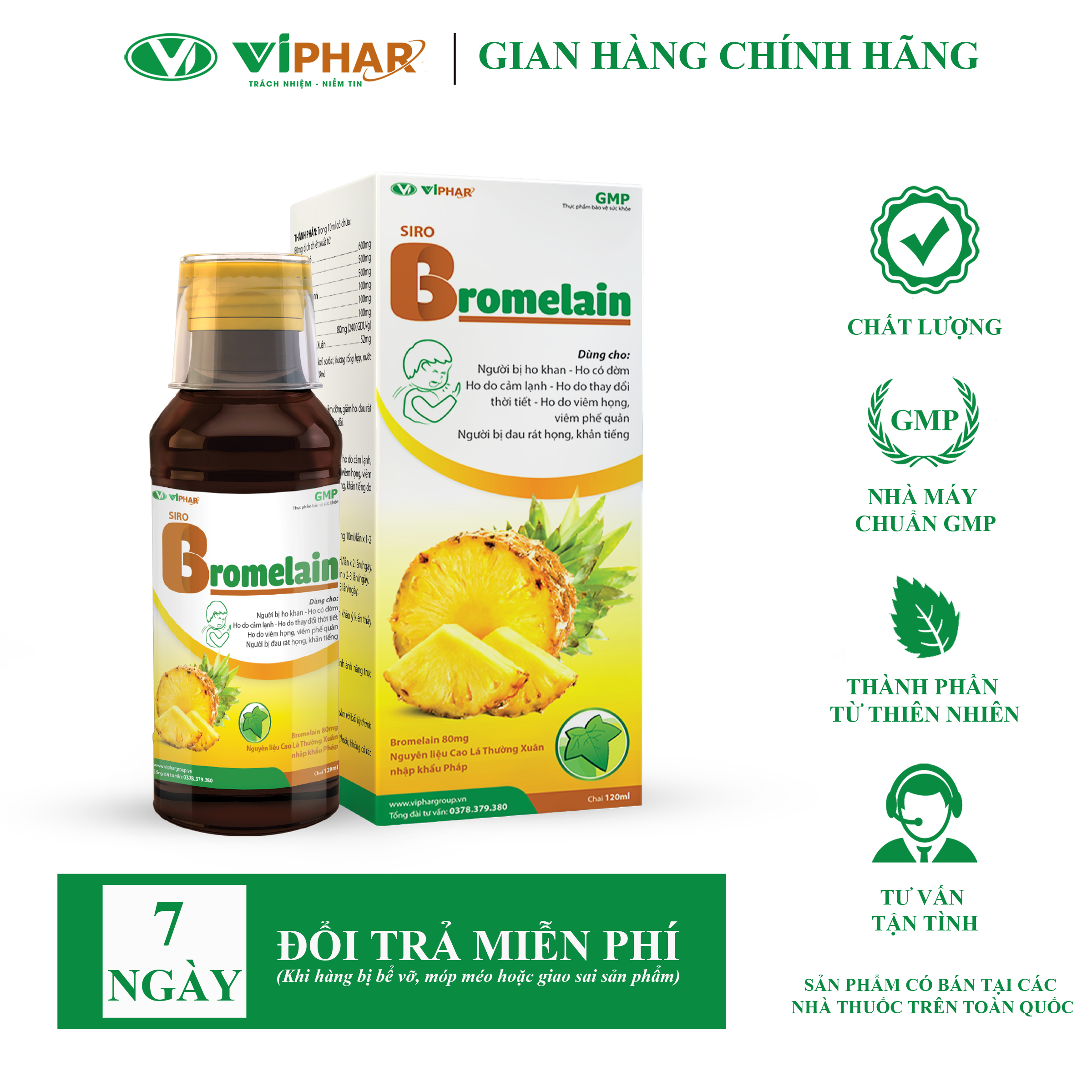 Siro Ho Quả Dứa Giảm Nhanh Các Loại Ho, Thảo Dược An Toàn Dùng Cho Bé Từ 6 Tháng Tuổi Siro Ho Bromelain Viphar Chai 120ml