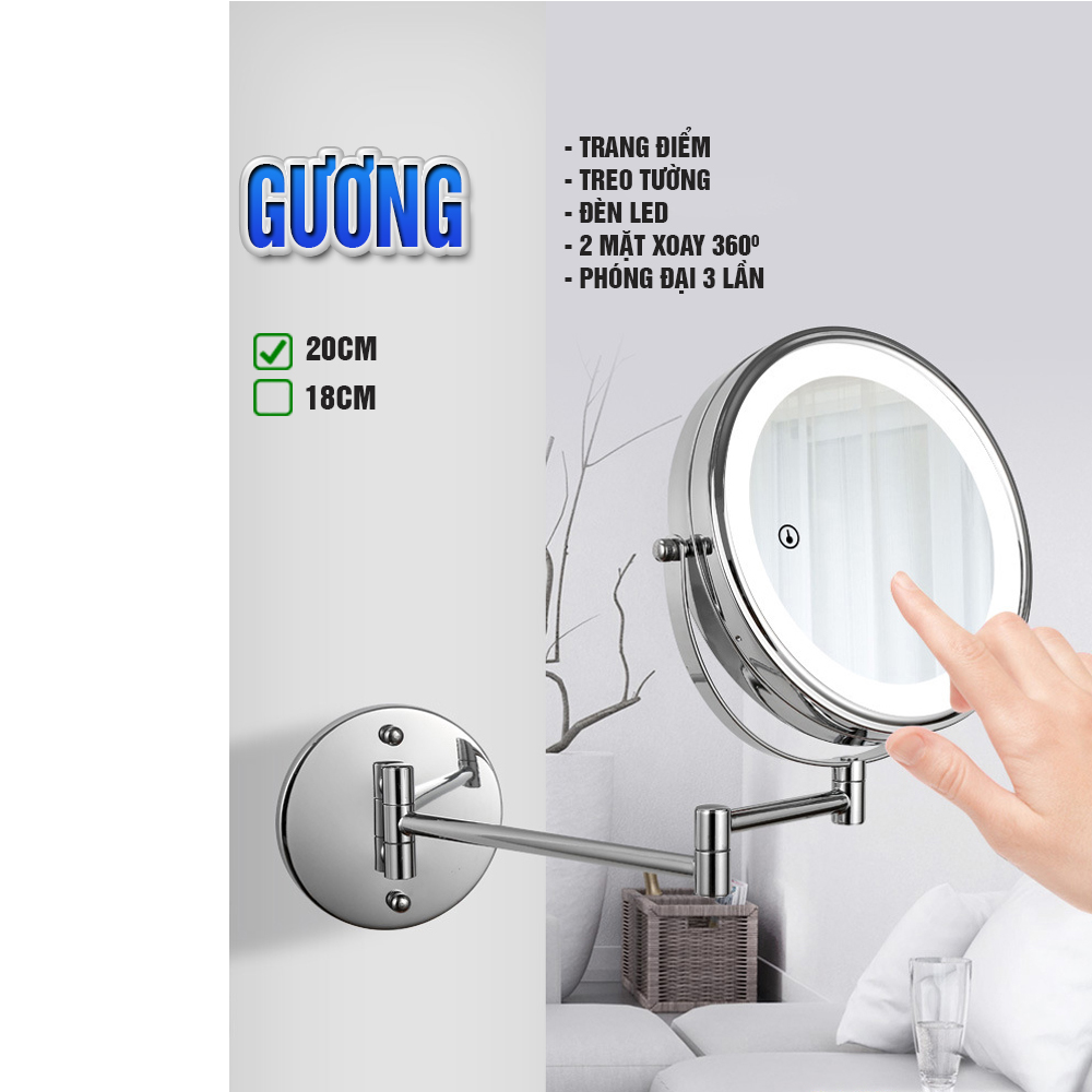 Gương trang điểm đèn LED phóng đại 3 lần, xoay 360 độ, 2 mặt siêu nét, treo tường phòng tắm, phòng ngủ, Khách sạn, resort, Inox SUS 304, thép không gỉ Size 15cm, 18cm, 20cm, Minh House GL32