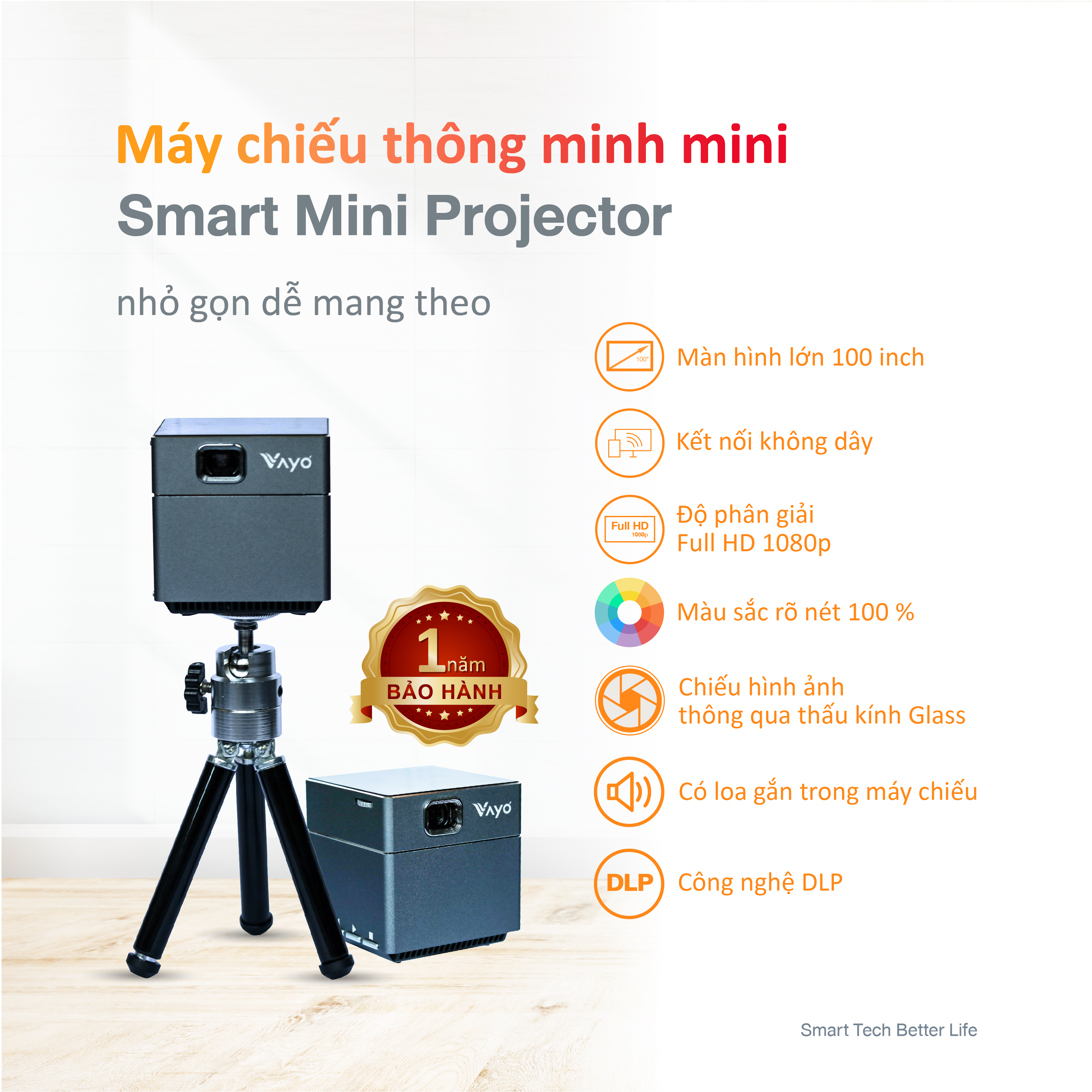 Máy chiếu thông minh mini Vayo - Smart Mini Projector công nghệ DLP kết nối Android, IOS, pin 2 tiếng, có sẵn loa, độ phân giải fullHD sắc nét, hàng chính hãng, bảo hành 12 tháng