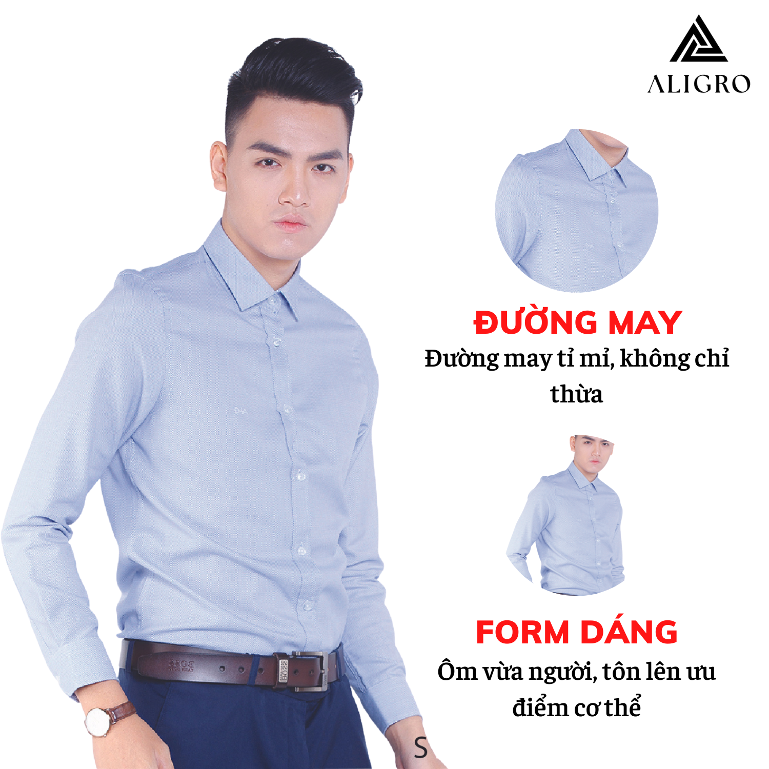 Áo sơ mi nam dài tay ALIGRO 100% chất cotton, thoáng mát, thấm hút mồ hôi tốt xanh dương nhạt cổ bẻ dáng ôm body ALGS145