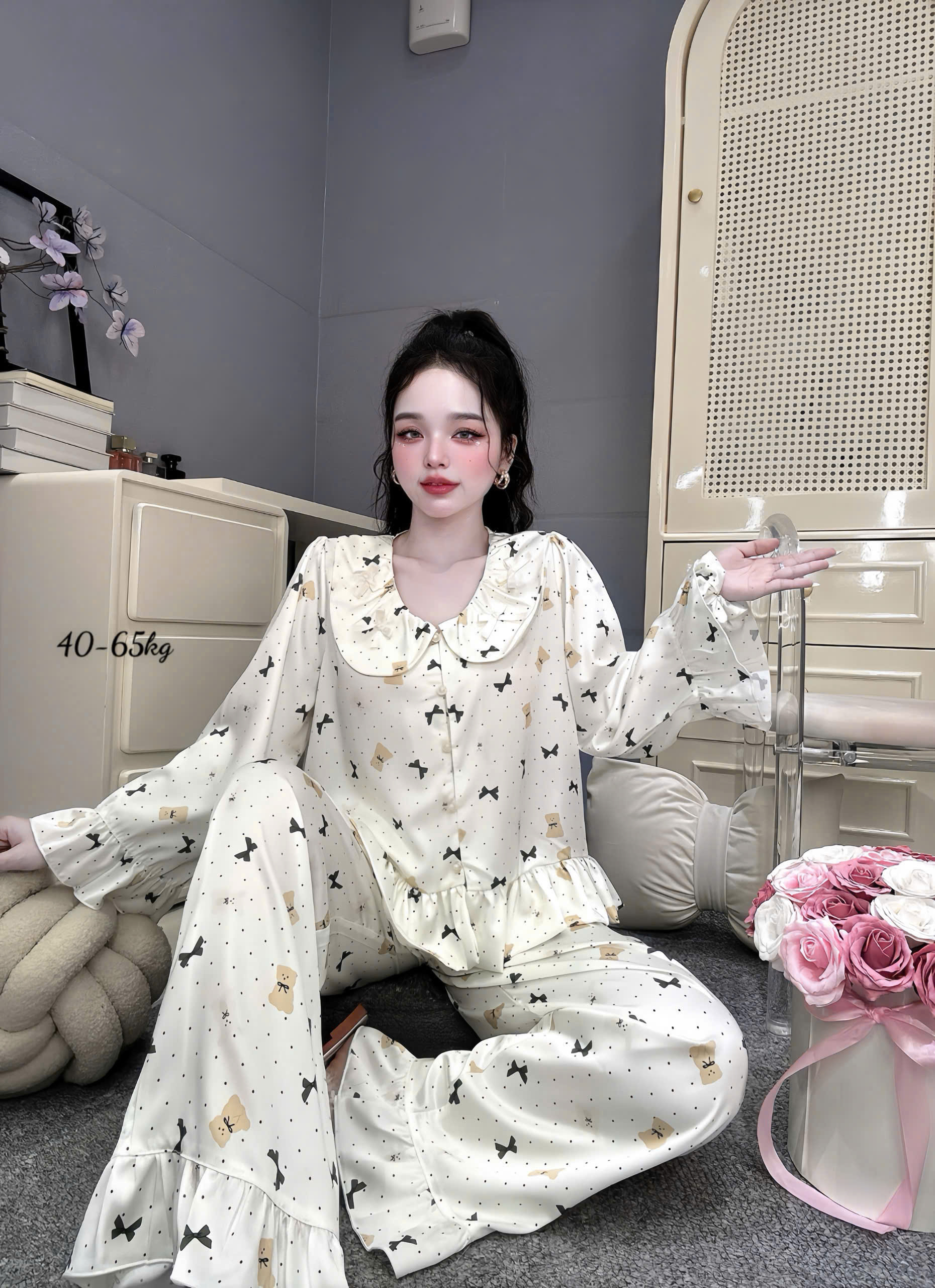 [NN Pijama] Bộ Pijama Lụa Nữ Phối Bèo Kèm Cột Tóc