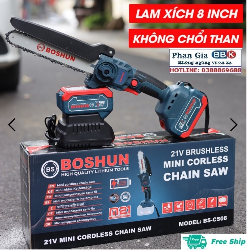 Máy Cưa Xích Dùng Pin BOSHUN - Pin 21v, Lưỡi Cắt Sắc Bén, Không Chổi Than, Chân Pin Phổ Thông, Bảo Hành 6 Tháng BS-CS08