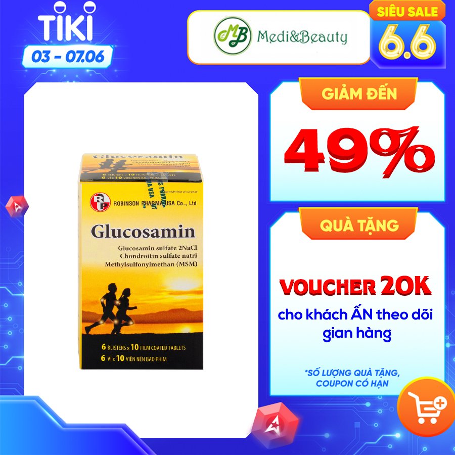 Viên uống TPCN GLUCOSAMIN giúp ngăn ngừa và hạn chế viêm khớp,bôi trơn các khớp xương,hỗ trợ làm giảm triệu chứng khô khớp,thoái hóa khớp-chai 60 viên