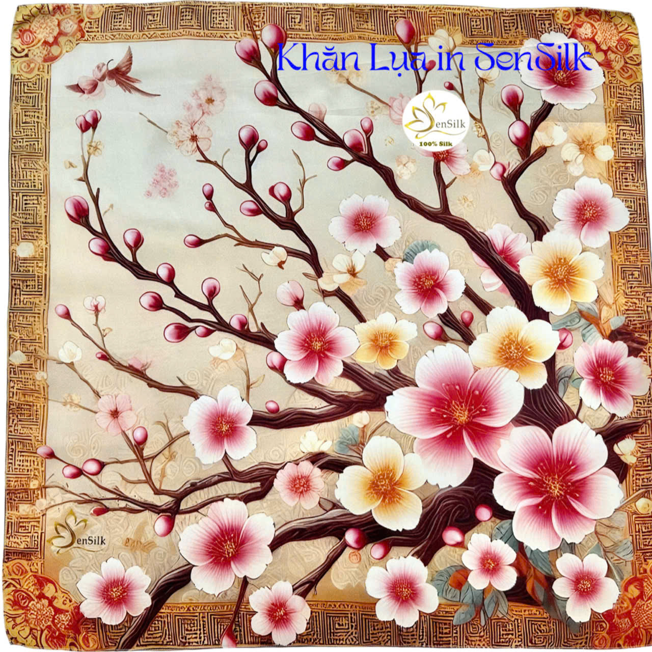 Silk Printed Square Scarves - Khăn in Lụa Cao Cấp SenSilk - Quà Tặng Khăn Lụa Đẳng Cấp Việt Nam - Họa Tiết Hoa Đào