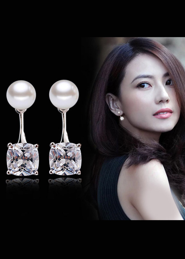 Bông tai ngọc trai đá pha lê vuông