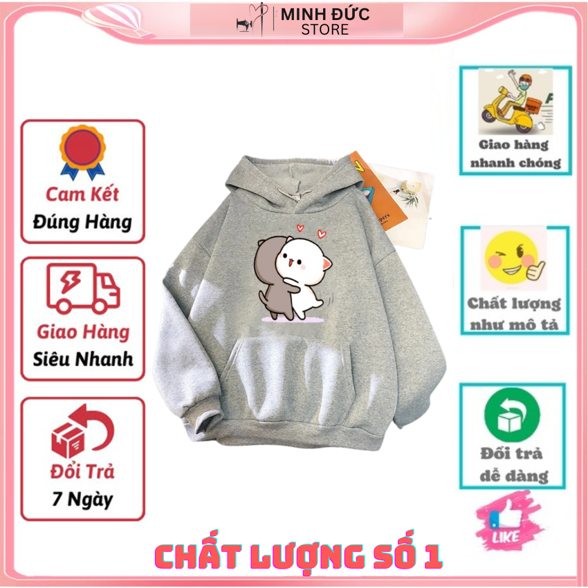 Áo Nỉ Nữ Form Rộng LM01, Áo Nỉ Có Mũ In Hai Mèo Ôm Nhau Dễ Thương