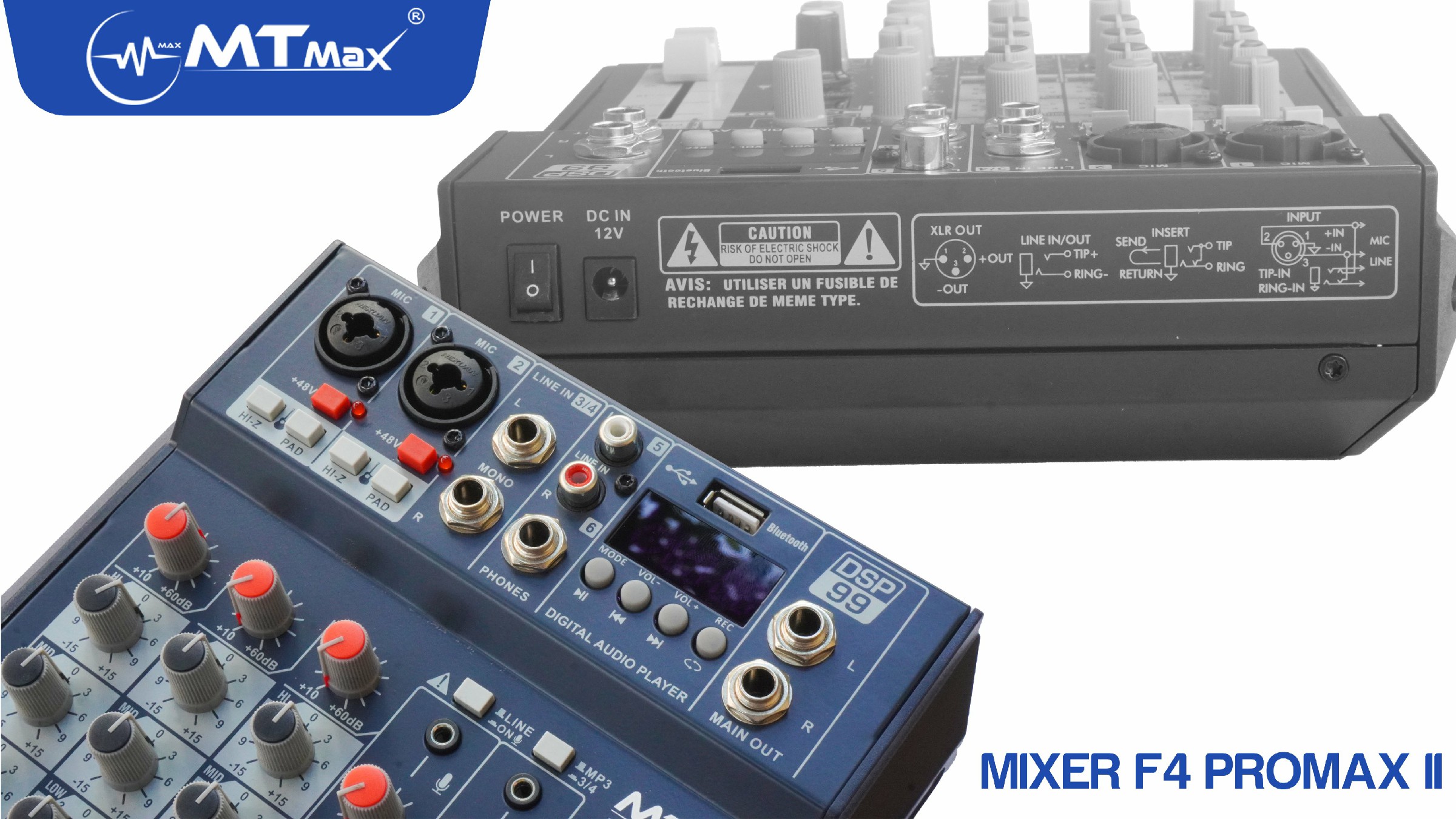 Bàn trộn Mixer MTMax F4 ProMax II - 99 chế độ vang số DSP - 4 kênh, 2 màn hình led hiển thị - Có Bluetooth, nguồn 48V cho micro condenser - Chuyển đổi thành sound card thu âm chuyên nghiệp - Dùng được với loa kéo, amply, dàn karaoke - Hàng chính hãng