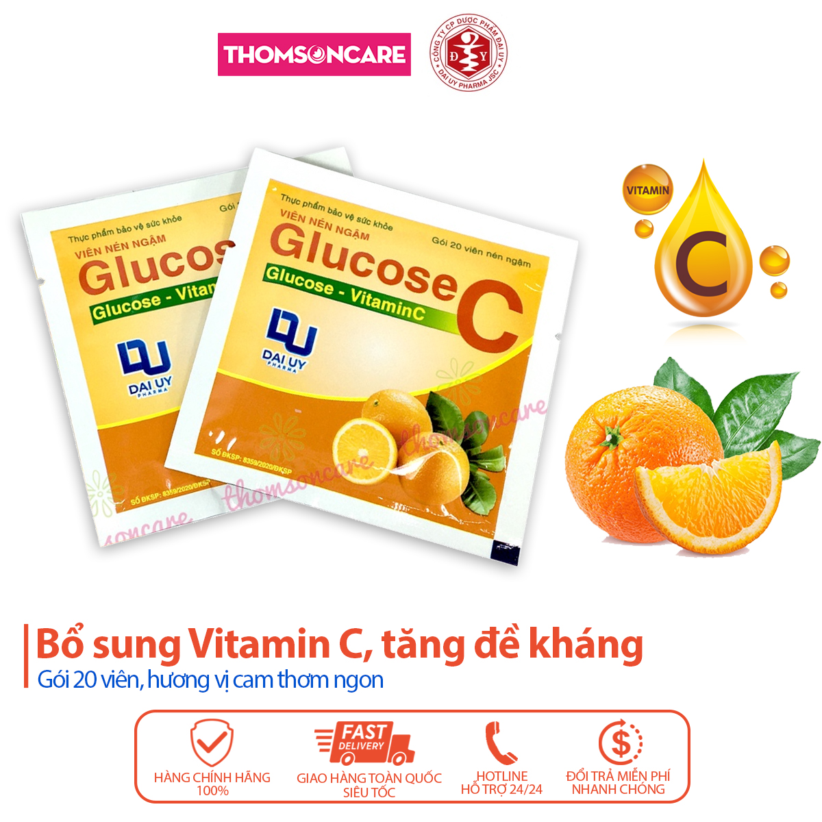 Viên ngậm Vitamin C GlucoseC dùng được cho bé từ 2 tuổi - Kẹo C ngừa chảy máu chân răng, tăng sức đề kháng hương vị thơm ngon , bổ sung Vitamin C cho cơ thể - 20 viên