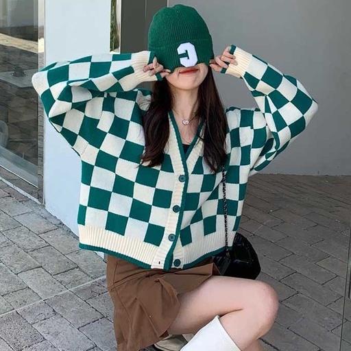 Áo khoác cardigan len dáng croptop sọc caro màu xanh đen phong cách hàn quốc D-10