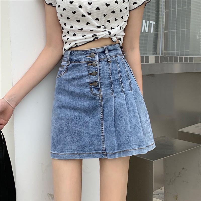 Chân vây denim chữ A mix xếp li mẫu 2021