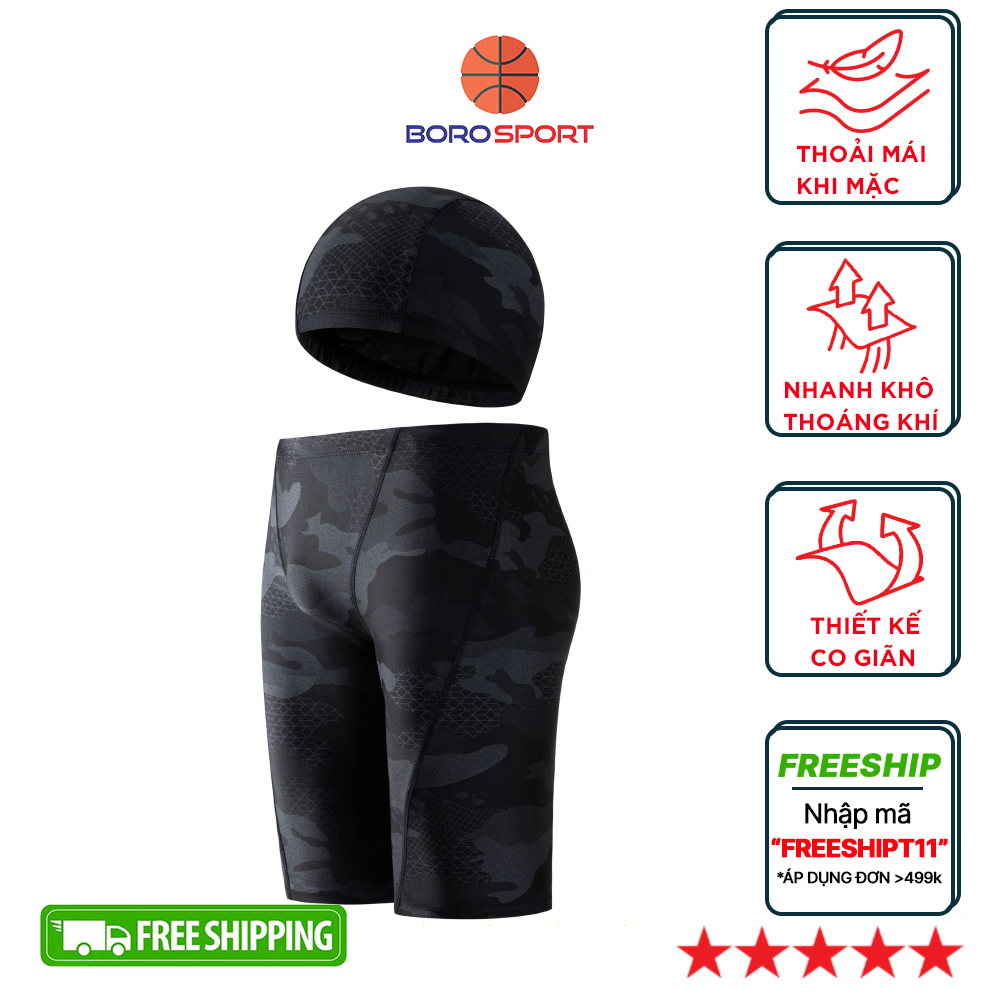 Quần Bơi Lửng Boxer Dài Cho Nam Cleacco Màu Đen Camo , Chất Vải Poly Co Giãn 4 Chiều , Thoáng Khí , Thoát Nước Nhanh Boro Sport - Tặng Nón Bơi Vải - L