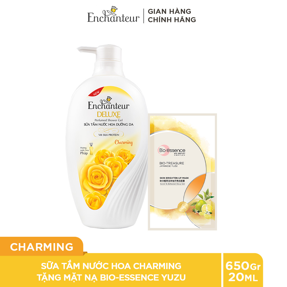 [Mua 1 Tặng 1] Sữa tắm nước hoa dưỡng da Enchanteur Charming 650g + Tặng mặt nạ bio-essence Yuzu 20ml